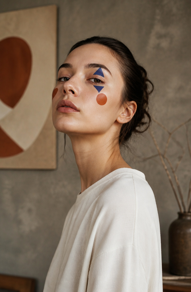Model with minimalist abstract makeup featuring geometric designs.