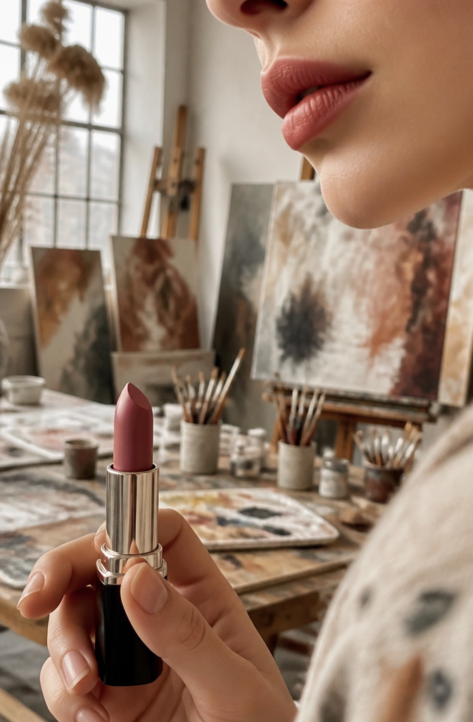 Model's blurred lips with matte lipstick in a cluttered studio.