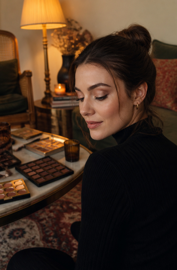 Model with shimmer on her eyelids in a vintage-inspired room.