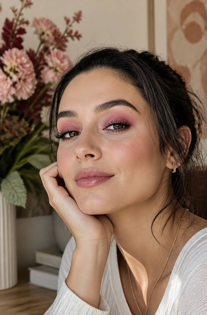 A model with rose eyeshadow and burgundy mascara.