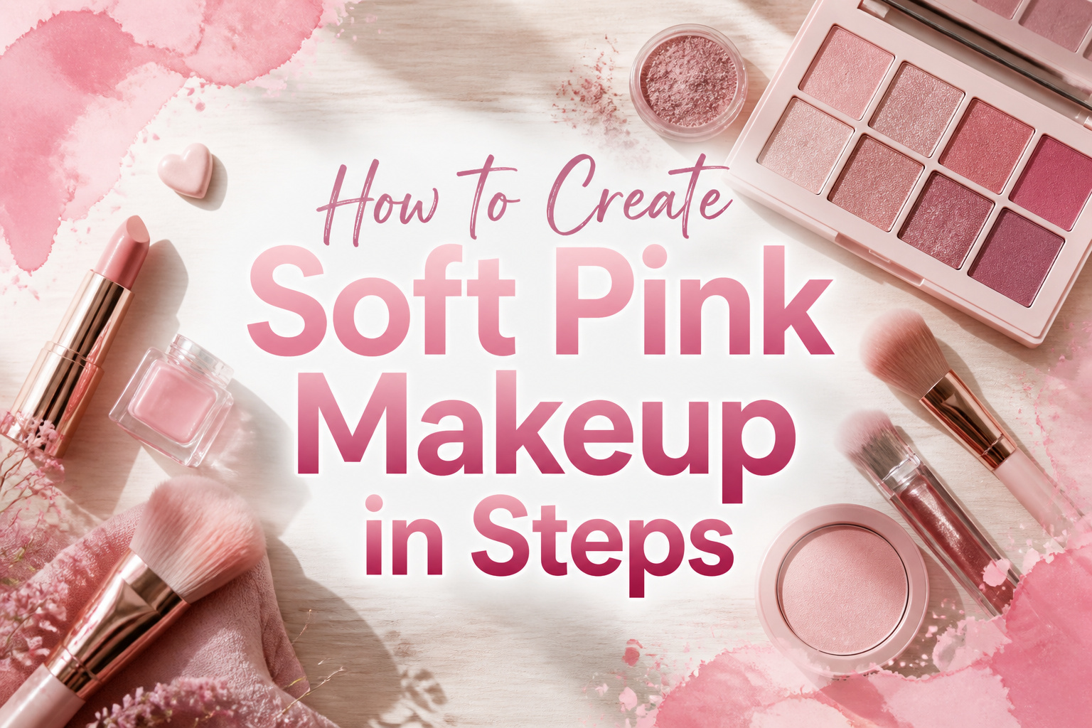 An arrangement of soft pink makeup products on a vanity.